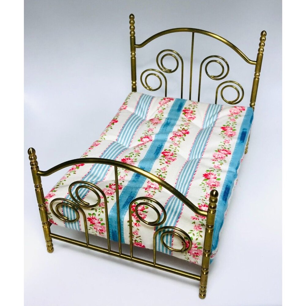 Vintage Artisan Dollhouse Miniature Brass Bed & Mattress Ornate Victorian Style